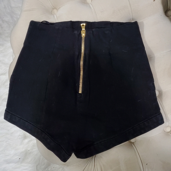 High Waist Black Denim Shorts with Gold Buttons - Picture 3 of 4